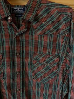 Ralph Lauren 100% Cotton Plaid Button-Up Shirt, Western Workwear, Pearl Snap